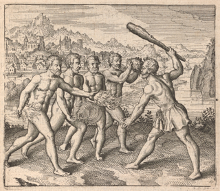 Four bearded nude men are attacking a man with a club by throwing either fire, wind, water, or earth. Behind them is a river and a cityscape.